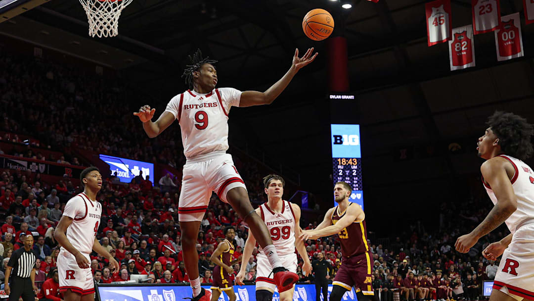 Mar 9, 2025; Piscataway, New Jersey, USA; Rutgers Scarlet Knights forward Dylan Grant (9) rebounds during the first half against the Minnesota Golden Gophers at Jersey Mike's Arena. Mandatory Credit: Vincent Carchietta-Imagn Images Mar 9, 2025; Piscataway, New Jersey, USA; Rutgers Scarlet Knights forward Dylan Grant (9) rebounds during the first half against the Minnesota Golden Gophers at Jersey Mike's Arena. Mandatory Credit: Vincent Carchietta-Imagn Images