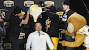 Jan 3, 2025; Charlotte, NC, USA;  Minnesota Golden Gophers head coach P.J. Fleck prepares for the mayo dump after his teams’ win over Virginia Tech Hokies  at the Duke’s Mayo Bowl at Bank of America Stadium. Mandatory Credit: Jim Dedmon-Imagn Images