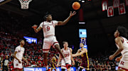 Mar 9, 2025; Piscataway, New Jersey, USA; Rutgers Scarlet Knights forward Dylan Grant (9) rebounds during the first half against the Minnesota Golden Gophers at Jersey Mike's Arena. Mandatory Credit: Vincent Carchietta-Imagn Images