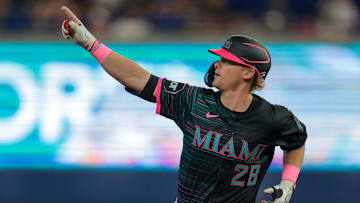 Jul 5, 2025; Miami, Florida, USA; Miami Marlins left fielder Kyle Stowers (28) circles the bases after hitting a solo home run against the Milwaukee Brewers during the second inning at loanDepot Park. Mandatory Credit: Sam Navarro-Imagn Images
