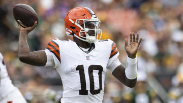 Aug 10, 2024; Cleveland, Ohio, USA; Cleveland Browns quarterback Tyler Huntley (10) throws the ball against the Green Bay Packers during the second quarter at Cleveland Browns Stadium.