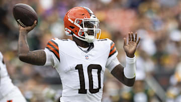 Aug 10, 2024; Cleveland, Ohio, USA; Cleveland Browns quarterback Tyler Huntley (10) throws the ball against the Green Bay Packers during the second quarter at Cleveland Browns Stadium. Mandatory Credit: Scott Galvin-Imagn Images