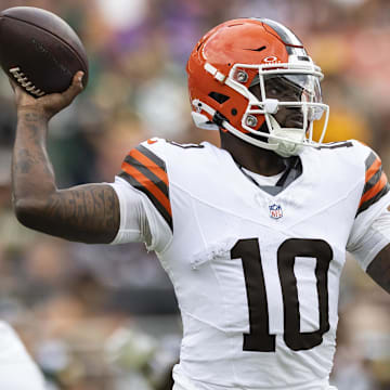 Aug 10, 2024; Cleveland, Ohio, USA; Cleveland Browns quarterback Tyler Huntley (10) throws the ball against the Green Bay Packers during the second quarter at Cleveland Browns Stadium. Mandatory Credit: Scott Galvin-Imagn Images