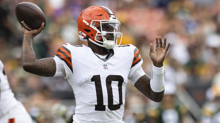 Aug 10, 2024; Cleveland, Ohio, USA; Cleveland Browns quarterback Tyler Huntley (10) throws the ball against the Green Bay Packers during the second quarter at Cleveland Browns Stadium.