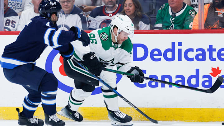 Rantanen (96) has carried the Dallas Stars on his back, getting a hat trick in eight minutes during the second period of the Stars' 3-2 victory in Game 1 of the second-round series against the Jets.