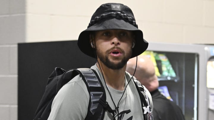 Team USA guard Steph Curry arrives for a game against Canada for the USA Basketball Showcase at T-Mobile Arena.