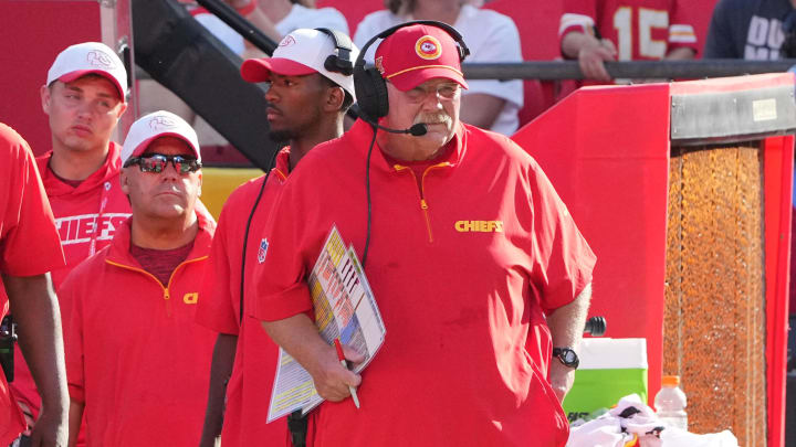 Aug 17, 2024; Kansas City, Missouri, USA; Kansas City Chiefs head coach Andy Reid watches play against the Detroit Lions during the second half at GEHA Field at Arrowhead Stadium. Mandatory Credit: Denny Medley-USA TODAY Sports