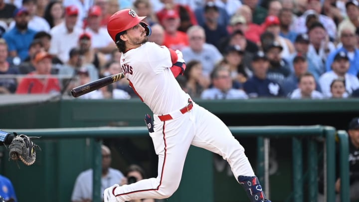 Aug 26, 2024; Washington, District of Columbia, USA; Washington Nationals center fielder Dylan Crews (3) watches the ball after hitting it into play during his first MLB at bat during the first inning against the New York Yankees at Nationals Park.