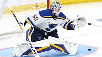 May 4, 2025; Winnipeg, Manitoba, CAN; St. Louis Blues goaltender Jordan Binnington (50) warms up before a game against the Winnipeg Jets in game seven of the first round of the 2025 Stanley Cup Playoffs at Canada Life Centre. Mandatory Credit: James Carey Lauder-Imagn Images