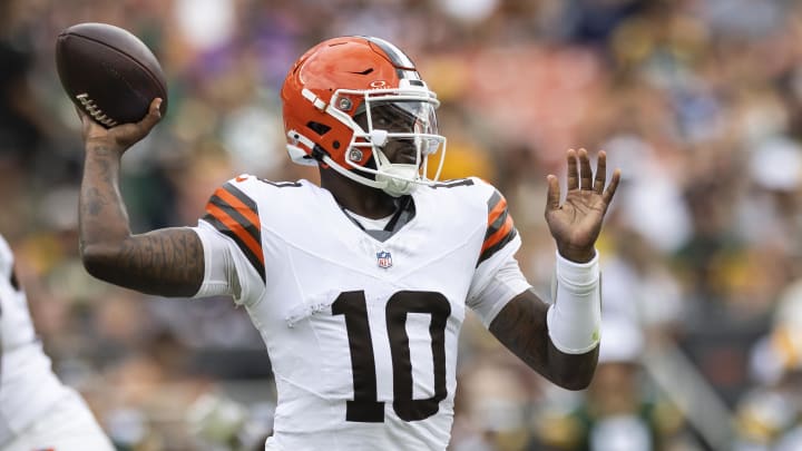 Aug 10, 2024; Cleveland, Ohio, USA; Cleveland Browns quarterback Tyler Huntley (10) throws the ball against the Green Bay Packers during the second quarter at Cleveland Browns Stadium. Mandatory Credit: Scott Galvin-USA TODAY Sports