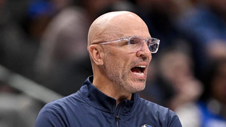 Dallas Mavericks head coach Jason Kidd yells to his team during the second half against the Detroit Pistons.