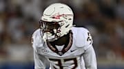 Sep 28, 2024; Dallas, Texas, USA; Florida State Seminoles defensive back Edwin Joseph (33) in action during the game between the Southern Methodist Mustangs and the Florida State Seminoles at Gerald J. Ford Stadium. Mandatory Credit: Jerome Miron-Imagn Images