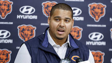 Mar 16, 2023; Lake Forest, IL, USA; Chicago Bears general manager Ryan Poles speaks during a press conference at Halas Hall. Mandatory Credit: Kamil Krzaczynski-Imagn Images