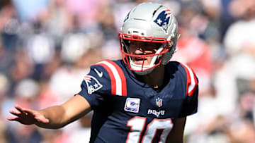 Sep 28, 2025; Foxborough, Massachusetts, USA; New England Patriots quarterback Drake Maye (10) calls a play against the Carolina Panthers  during the first half at Gillette Stadium. Mandatory Credit: Brian Fluharty-Imagn Images