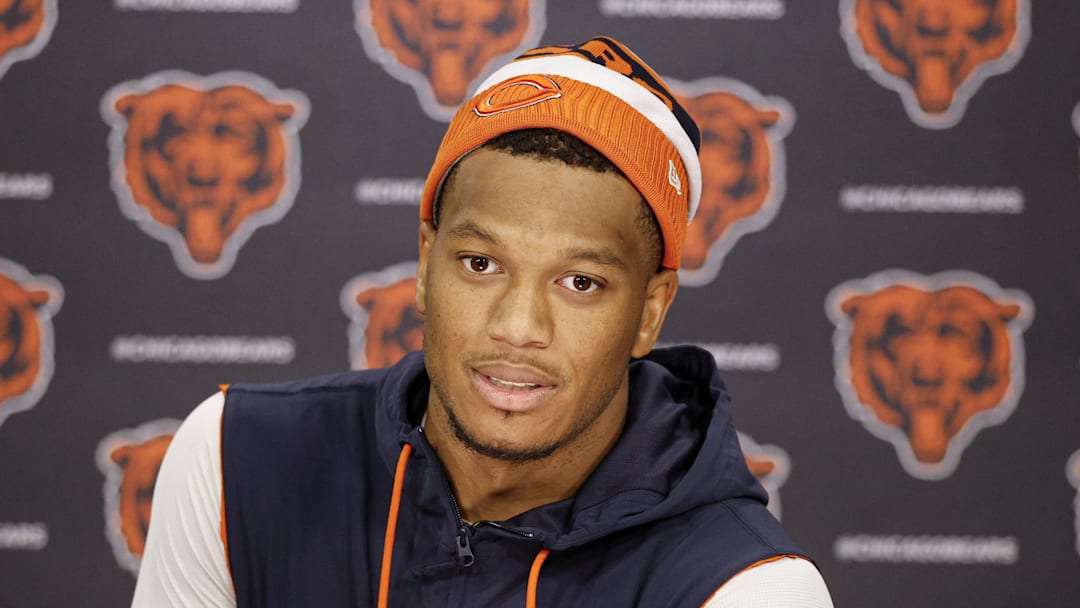 Jun 3, 2025; Lake Forest, IL, USA; Chicago Bears wide receiver DJ Moore (2) speaks during minicamp at Halas Hall. Mandatory Credit: Kamil Krzaczynski-Imagn Images