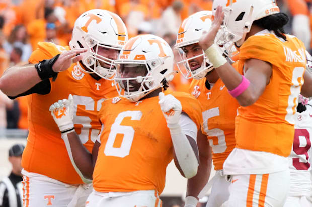 Dylan Sampson in celebration after his touchdown during an NCAA college football game against Alabama