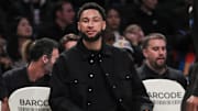 Feb 29, 2024; Brooklyn, New York, USA;  Brooklyn Nets guard Ben Simmons (not in uniform) sits on the bench in the first quarter against the Atlanta Hawks at Barclays Center. Mandatory Credit: Wendell Cruz-USA TODAY Sports