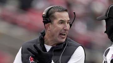 Nov 29, 2024; Madison, Wisconsin, USA; Wisconsin head coach Luke Fickell argues a call during the second quarter of their game against Minnesota at Camp Randall Stadium. Mandatory Credit: Mark Hoffman/USA TODAY Network via Imagn Images