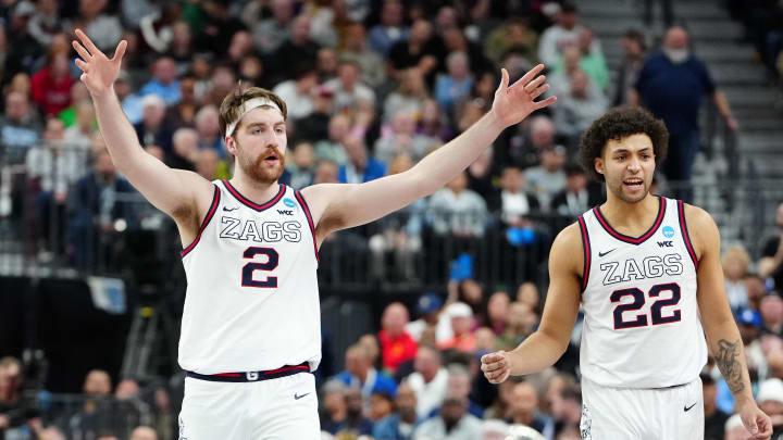 Mar 25, 2023; Las Vegas, NV, USA; Gonzaga Bulldogs forward Drew Timme (2) reacts during the second half in the NCAA tournament West Regional final at T-Mobile Arena. Mandatory Credit: Stephen R. Sylvanie-USA TODAY Sports