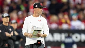 Dec 17, 2023; Glendale, Arizona, USA; San Francisco 49ers head coach Kyle Shanahan against the Arizona Cardinals at State Farm Stadium. Mandatory Credit: Mark J. Rebilas-USA TODAY Sports