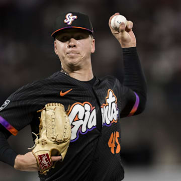 May 13, 2025; San Francisco, California, USA; San Francisco Giants relief pitcher Kyle Harrison (45) throws against the Arizona Diamondbacks during the seventh inning at Oracle Park.