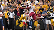 Iowa cornerback Cooper DeJean intercepts a pass in the Iowa State end zone during the Cy-Hawk Series football game on Saturday, Sept. 10, 2022, at Kinnick Stadium in Iowa City.