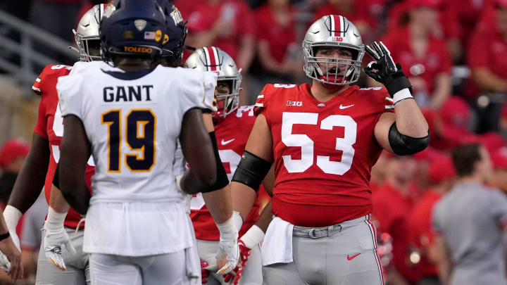 Ohio State center Luke Wypler (53) lines up against Toledo, Sept. 17, 2022, at Ohio Stadium.