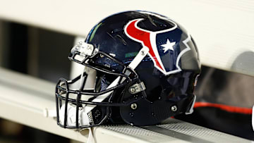 Aug 9, 2017; Charlotte, NC, USA; A Houston Texans helmet lays on the bench during the game against the Carolina Panthers at Bank of America Stadium. Mandatory Credit: Jeremy Brevard-Imagn Images