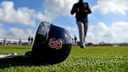 Feb 18, 2019; Lee County, FL, USA; A general view of a Boston Red Sox helmet as Boston Red Sox center fielder Jackie Bradley Jr. (19) walks on the field during a spring training workout at Jet Blue Park at Fenway South. Mandatory Credit: Jasen Vinlove-Imagn Images