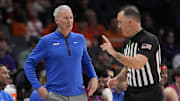 Mar 13, 2025; Charlotte, NC, USA; Southern Methodist Mustangs head coach Andy Enfield during the first half against the Clemson Tigers at Spectrum Center. Mandatory Credit: Jim Dedmon-Imagn Images