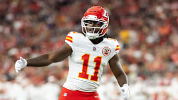Aug 9, 2025; Glendale, Arizona, USA; Kansas City Chiefs wide receiver Jalen Royals (11) against the Arizona Cardinals during a preseason NFL game at State Farm Stadium. Mandatory Credit: Mark J. Rebilas-Imagn Images