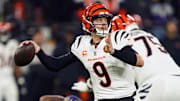 Nov 27, 2025; Baltimore, Maryland, USA; Cincinnati Bengals quarterback Joe Burrow (9) drops back to pass against the Baltimore Ravens during the first half at M&T Bank Stadium. Mandatory Credit: Mitch Stringer-Imagn Images