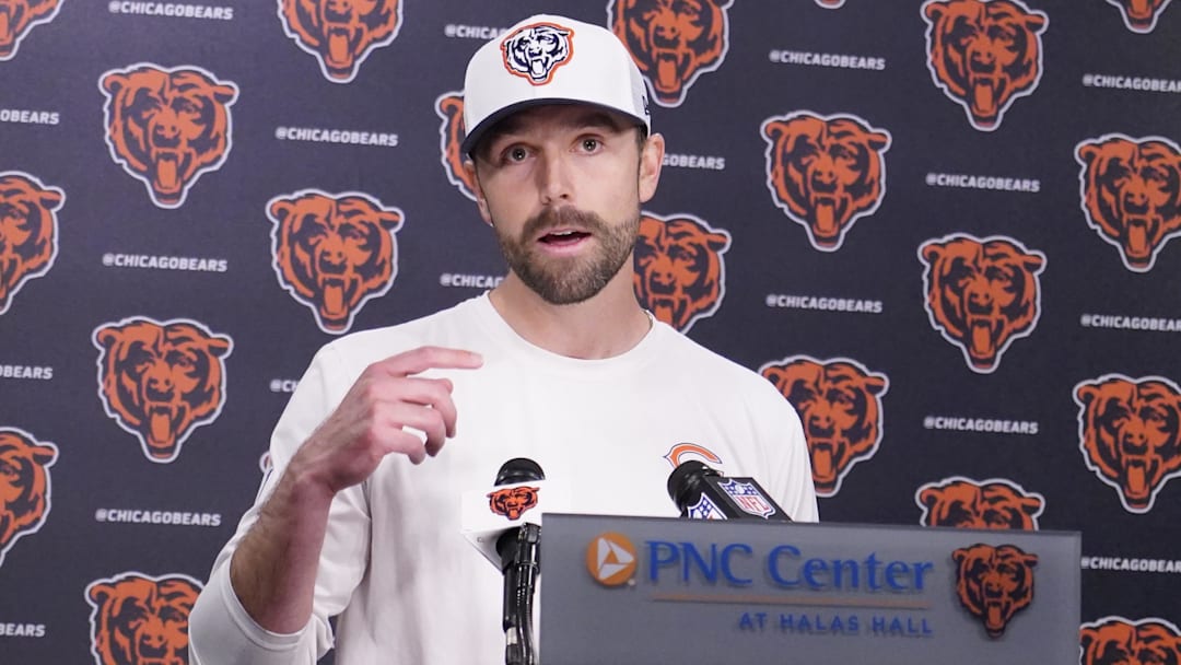 May 10, 2025; Lake Forest, IL, USA; Chicago Bears offensive coordinator Declan Doyle answers questions after rookie minicamp at Halas Hall. Mandatory Credit: David Banks-Imagn Images