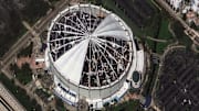 The roof of Tropicana Field, home of the Tampa Bay Rays, was torn off by Hurricane Milton's powerful winds. Satellite imagery from Maxar shows the destruction on Oct. 10, 2024. Prior to landfall, the stadium in St. Petersburg, Fla., was converted into a base camp for emergency responders.