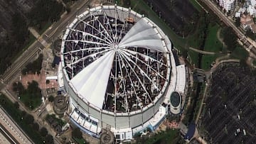 The roof of Tropicana Field, home of the Tampa Bay Rays, was torn off by Hurricane Milton's powerful winds. Satellite imagery from Maxar shows the destruction on Oct. 10, 2024. Prior to landfall, the stadium in St. Petersburg, Fla., was converted into a base camp for emergency responders.
