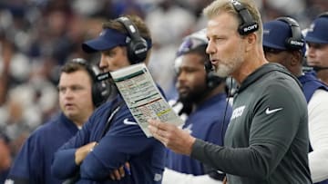 Sep 14, 2025; Arlington, Texas, USA; Dallas Cowboys defensive coordinator Matt Eberflus on the sideline during the first quarter at AT&T Stadium.