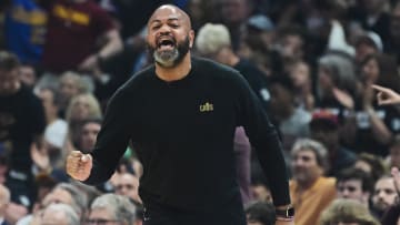 May 5, 2024; Cleveland, Ohio, USA; Cleveland Cavaliers head coach J.B. Bickerstaff reacts during the first quarter of game seven of the first round for the 2024 NBA playoffs against the Orlando Magic at Rocket Mortgage FieldHouse. Mandatory Credit: Ken Blaze-USA TODAY Sports