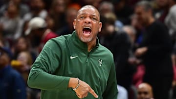 Milwaukee Bucks head coach Doc Rivers reacts during the first half against the Cleveland Cavaliers at Rocket Mortgage FieldHouse on November 4, 2024.