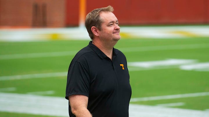 Tennessee head football coach Josh Heupel smiles at the Pilot team celebration at Neyland Stadium preserved by Pilot on Tuesday, August, 2024.