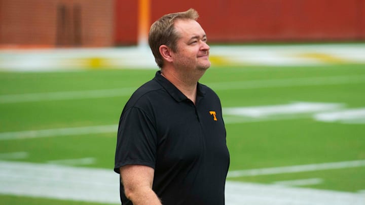 Tennessee head football coach Josh Heupel smiles at the Pilot team celebration at Neyland Stadium preserved by Pilot on Tuesday, August, 2024.