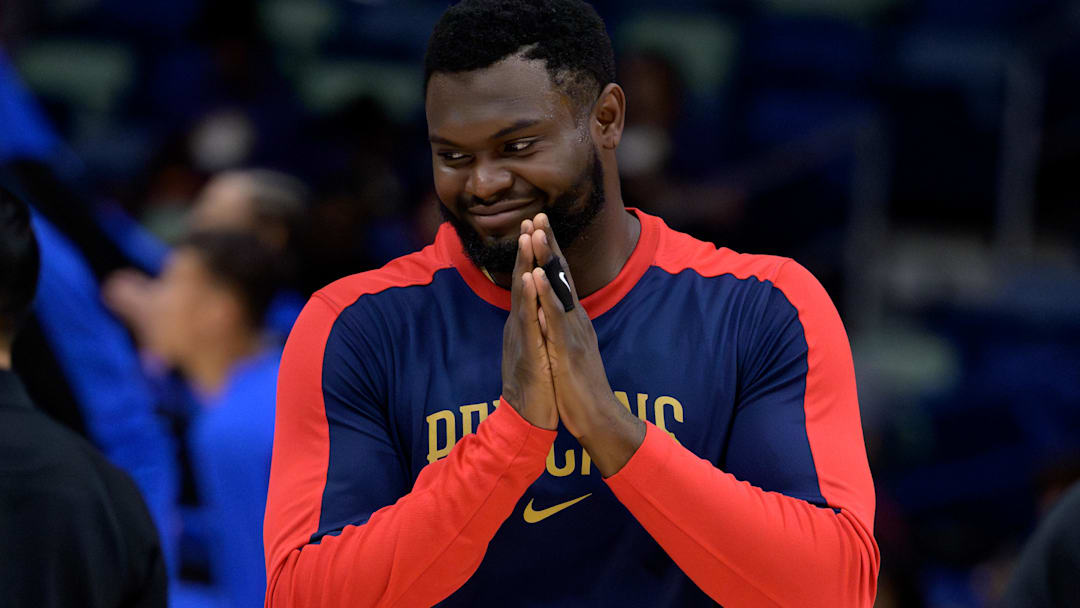 Oct 7, 2024; New Orleans, Louisiana, USA; New Orleans Pelicans forward Zion Williamson (1) smiles before a game against the Orlando Magic at Smoothie King Center. Mandatory Credit: Matthew Hinton-Imagn Images
