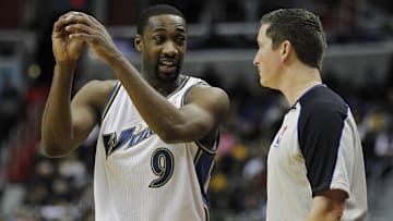 Washington Wizards point guard Gilbert Arenas talks to an official against the Los Angeles Lakers at Verizon Center. 