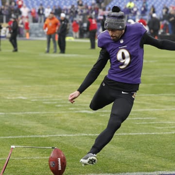 Jan 28, 2024; Baltimore, Maryland, USA; Baltimore Ravens place kicker Justin Tucker (9) warms up prior to the AFC Championship football game against the Kansas City Chiefs at M&T Bank Stadium. Mandatory Credit: Geoff Burke-USA TODAY Sports