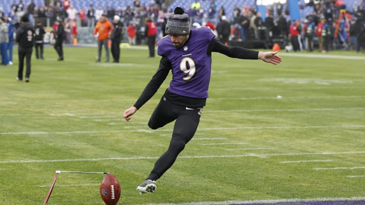 Jan 28, 2024; Baltimore, Maryland, USA; Baltimore Ravens place kicker Justin Tucker (9) warms up prior to the AFC Championship football game against the Kansas City Chiefs at M&T Bank Stadium. Mandatory Credit: Geoff Burke-USA TODAY Sports