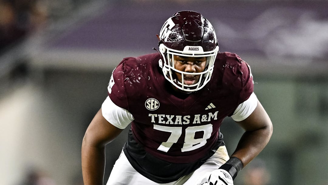 Nov 11, 2023; College Station, Texas, USA; Texas A&M Aggies offensive lineman Dametrious Crownover (78) in action during the second half against the Mississippi State Bulldogs at Kyle Field. Mandatory Credit: Maria Lysaker-Imagn Images