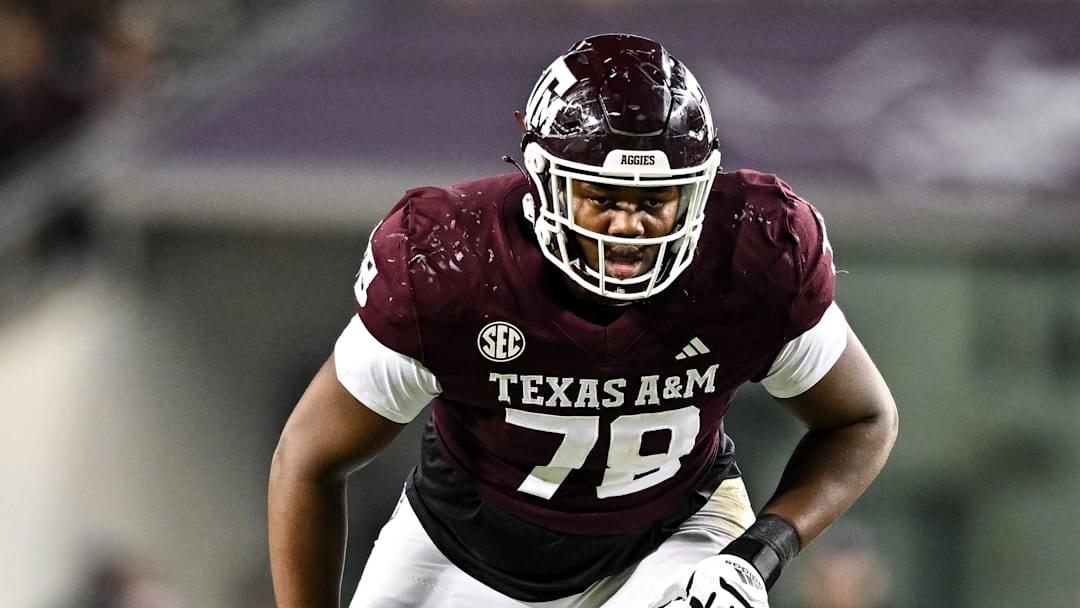 Texas A&M Aggies offensive lineman Dametrious Crownover in action during the second half against the Mississippi State Bulldogs at Kyle Field.
