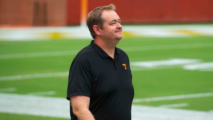 Tennessee head football coach Josh Heupel smiles at the Pilot team celebration at Neyland Stadium preserved by Pilot on Tuesday, August, 2024.