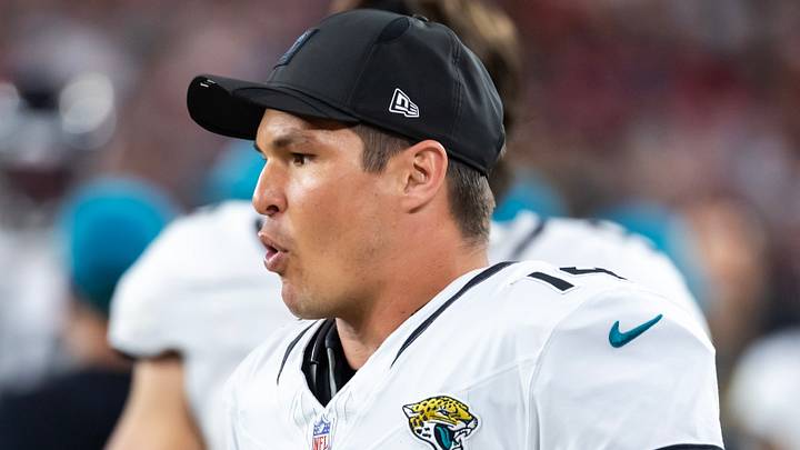 Nov 23, 2025; Glendale, Arizona, USA; Jacksonville Jaguars quarterback Nick Mullens (14) against the Arizona Cardinals at State Farm Stadium. 