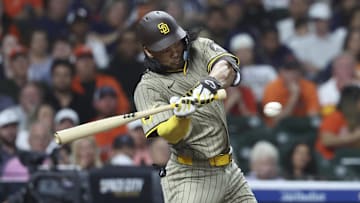 Apr 18, 2025; Houston, Texas, USA; San Diego Padres first baseman Connor Joe (24) bats during the ninth inning against the Houston Astros at Daikin Park. Mandatory Credit: Troy Taormina-Imagn Images