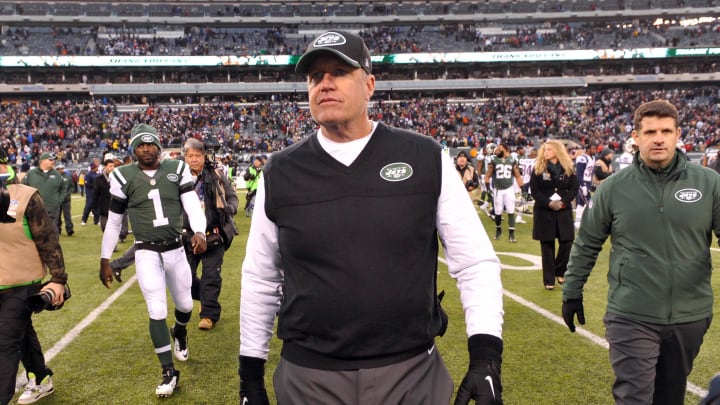 Dec 21, 2014; East Rutherford, NJ, USA; New York Jets head coach Rex Ryan walks off the field after the game against the New England Patriots at MetLife Stadium.